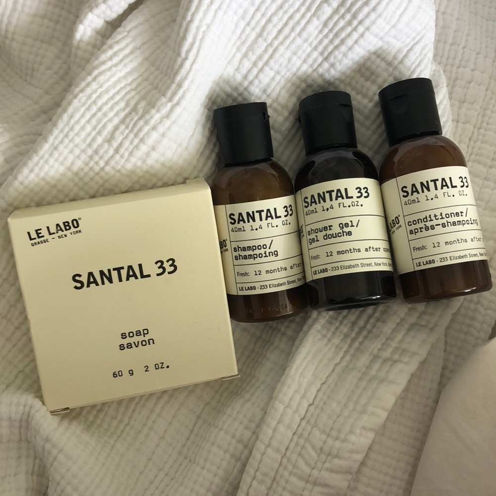 Le Labo Santal 33 soap, shampoo, shower gel & cond